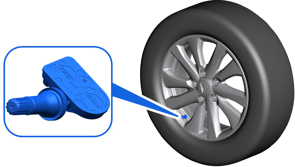 Cảm biến &aacute;p suất lốp tr&aacute;i tim của TPMS tr&ecirc;n VinFast VF 6