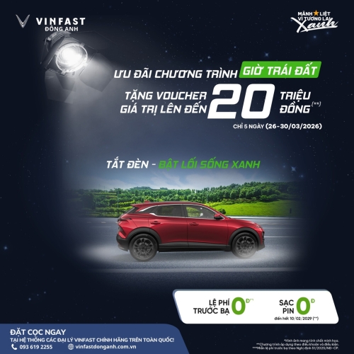 Hưởng Ứng Giờ Trái Đất: VinFast Đông Anh Tặng Voucher Lên Đến 20 Triệu Đồng